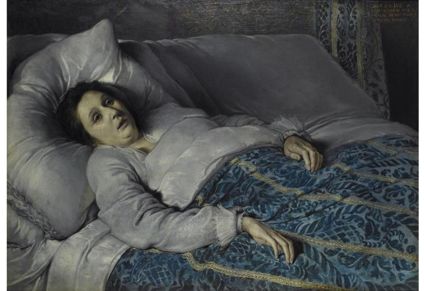 Painting of a young woman on a deathbed by artist ecole flamande